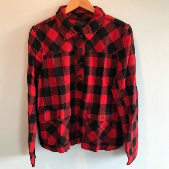 J. CREW Shirt Jacket Pullover Buffalo Plaid Black Red Women's Large L Shacket - Picture 4 of 8